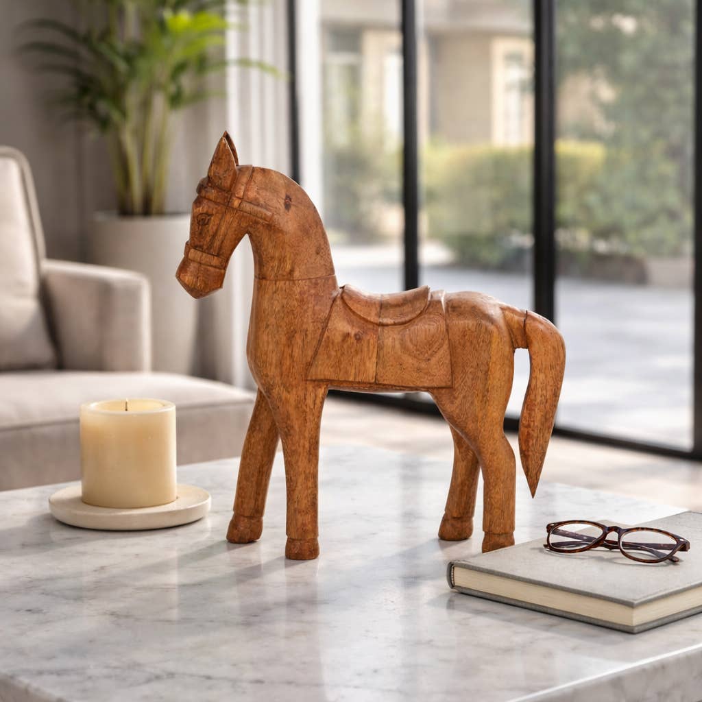 Figurine - Brown Wood Standing Horse with Saddle, 12 in.