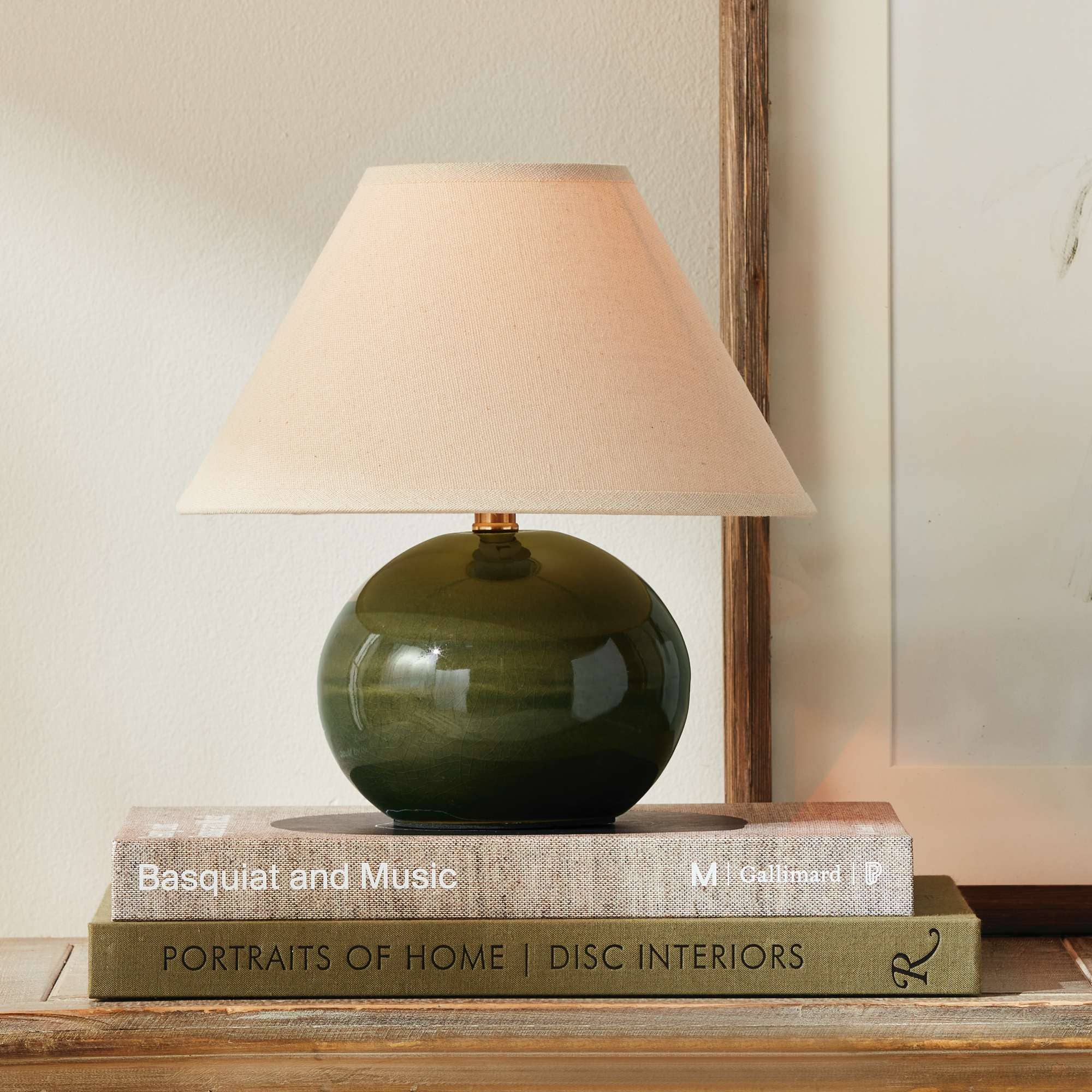 Charlie Mini Lamp - Green Crackle Glaze - Linen Shade  - 10