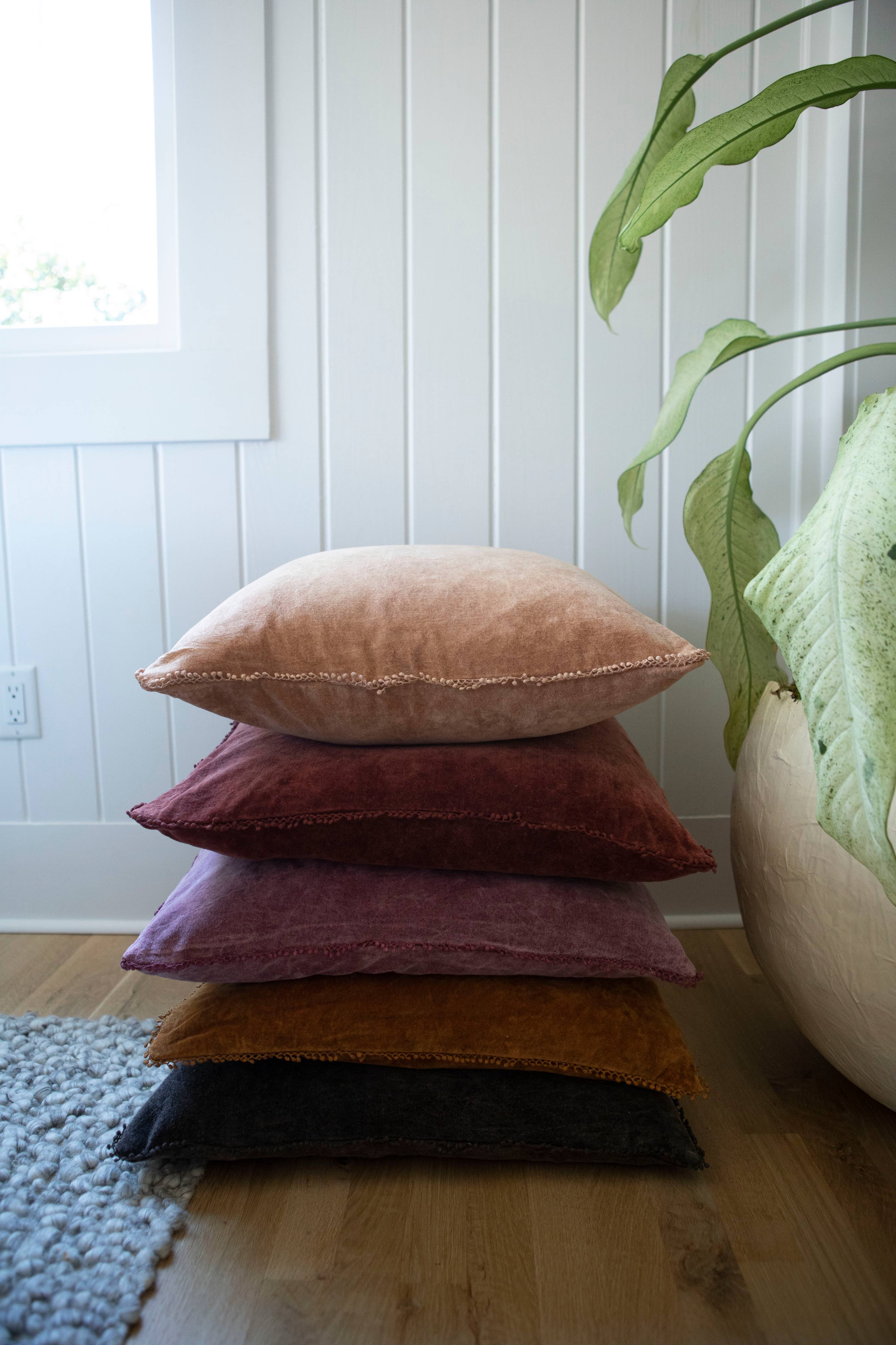 Pine Velvet Pillow With Poms - 22