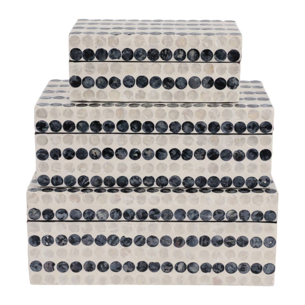 Set of 3 Decorative Boxes – Ivory & Blue Wood Capiz Dots, 8/11/12 in.