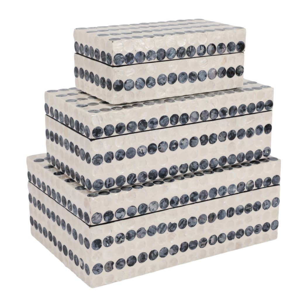 Set of 3 Decorative Boxes – Ivory & Blue Wood Capiz Dots, 8/11/12 in.