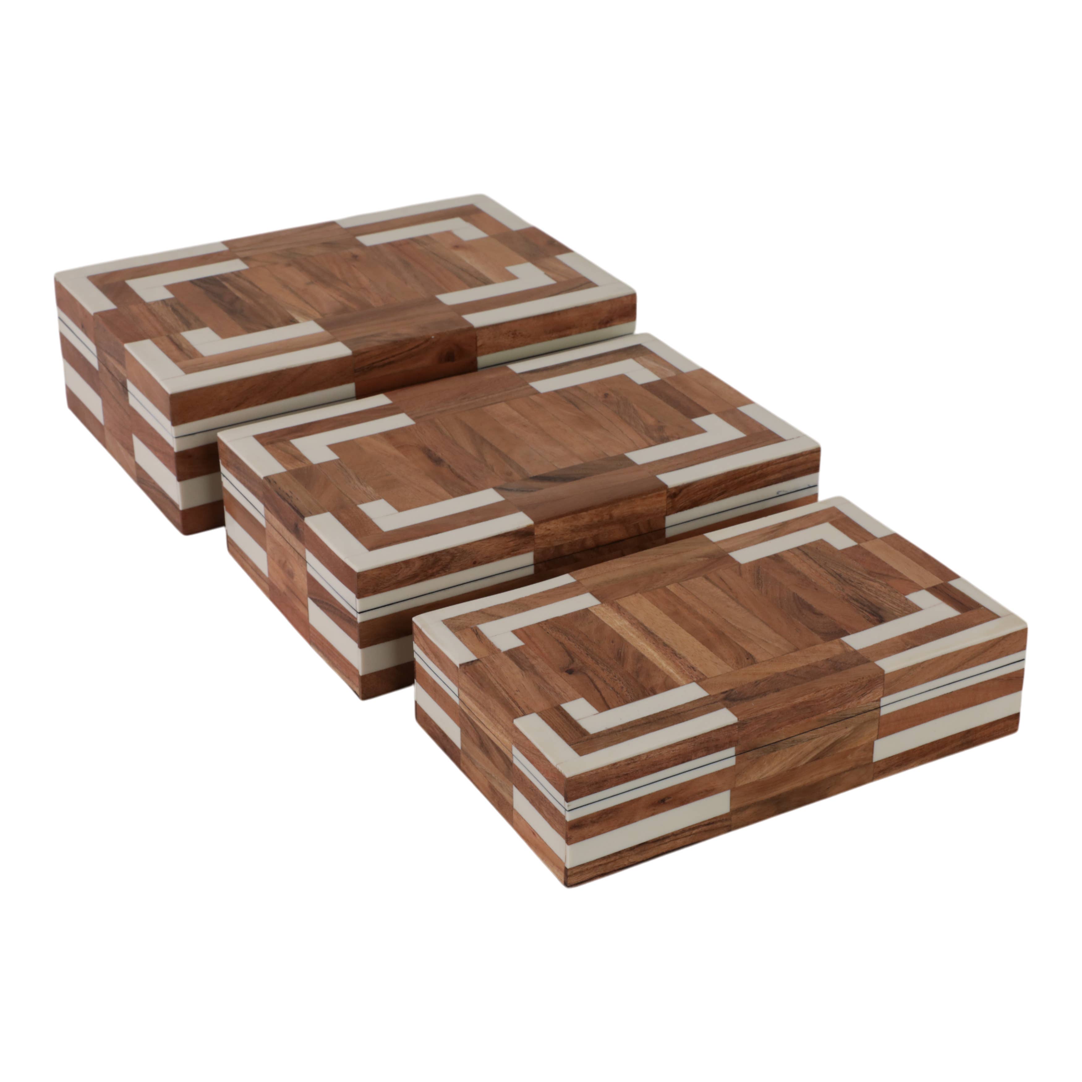 Set of 3 Decorative Boxes – Ivory Wood & Resin Inlay, 10/11/12 in.