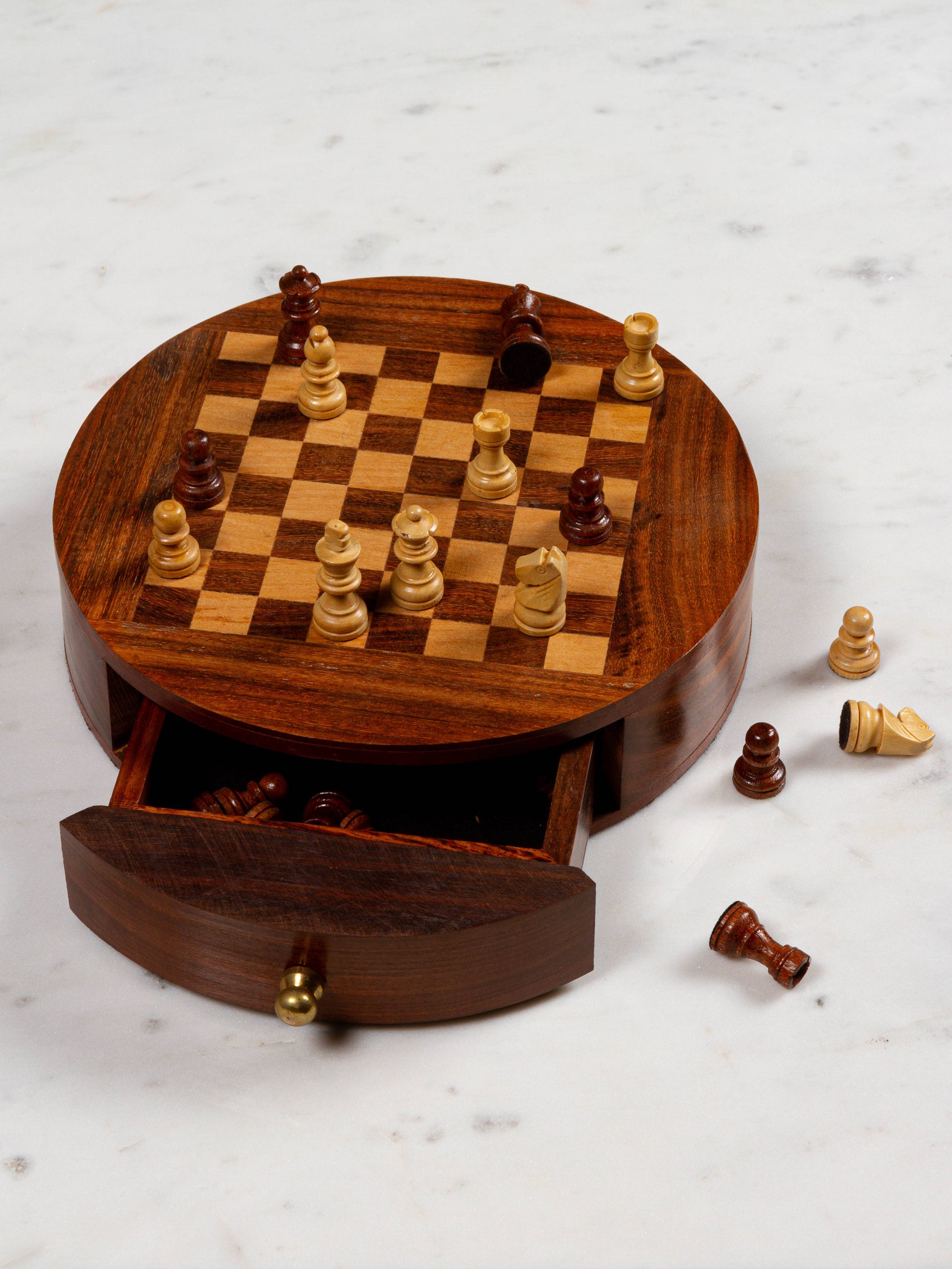 Chess Game in Round Wooden Box