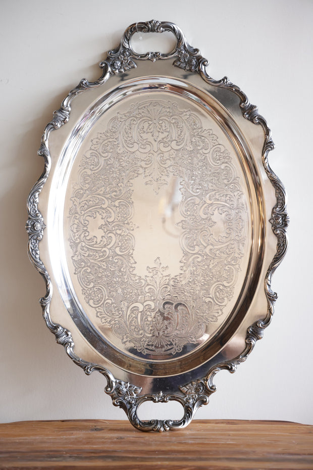 Vintage Large Etched Silver Tray w/ Handles
