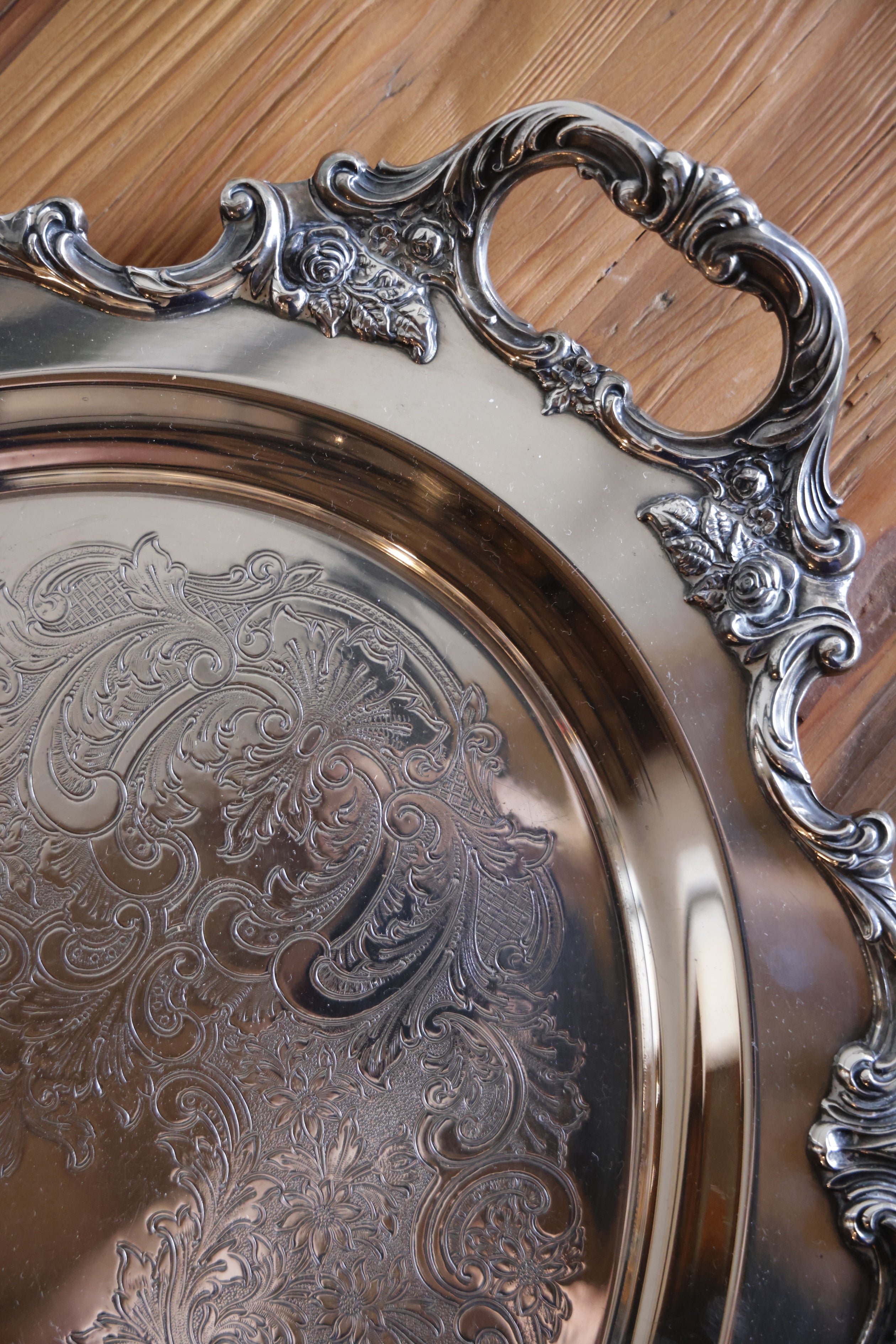 Vintage Large Etched Silver Tray w/ Handles