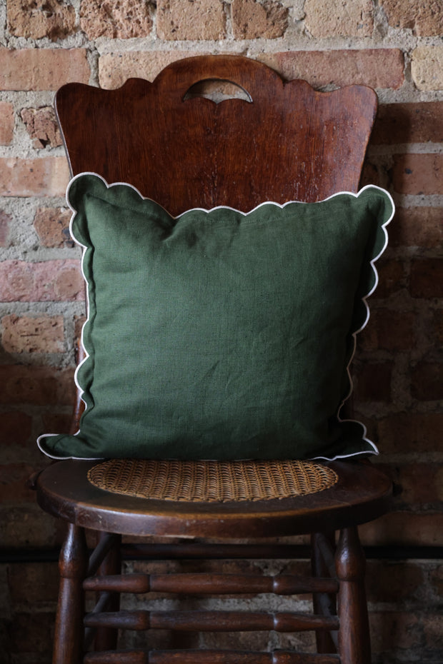 Scalloped  Square Pillow- Green with Ivory Edge