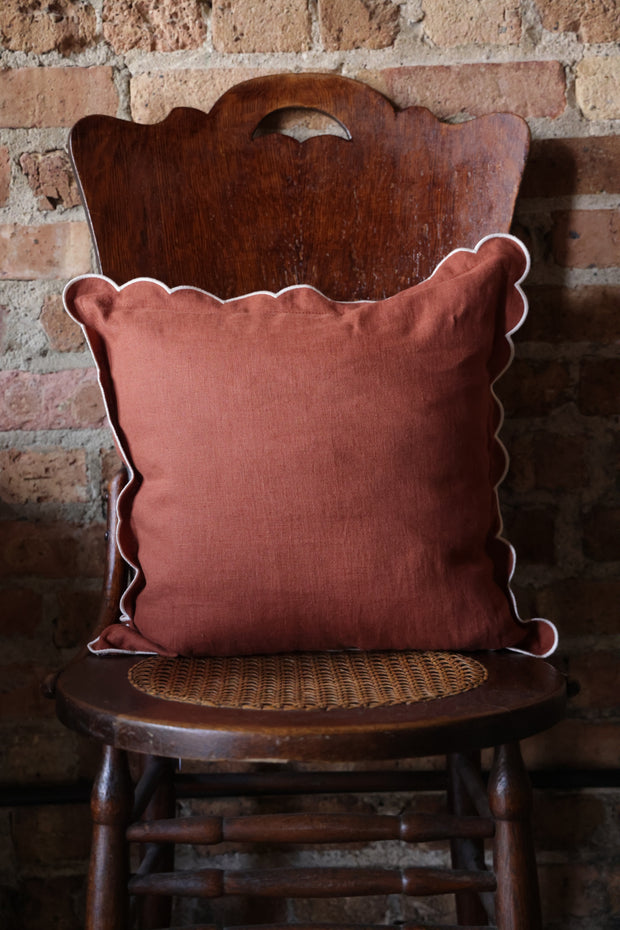Scalloped Square Pillow- Rust with Ivory Edge