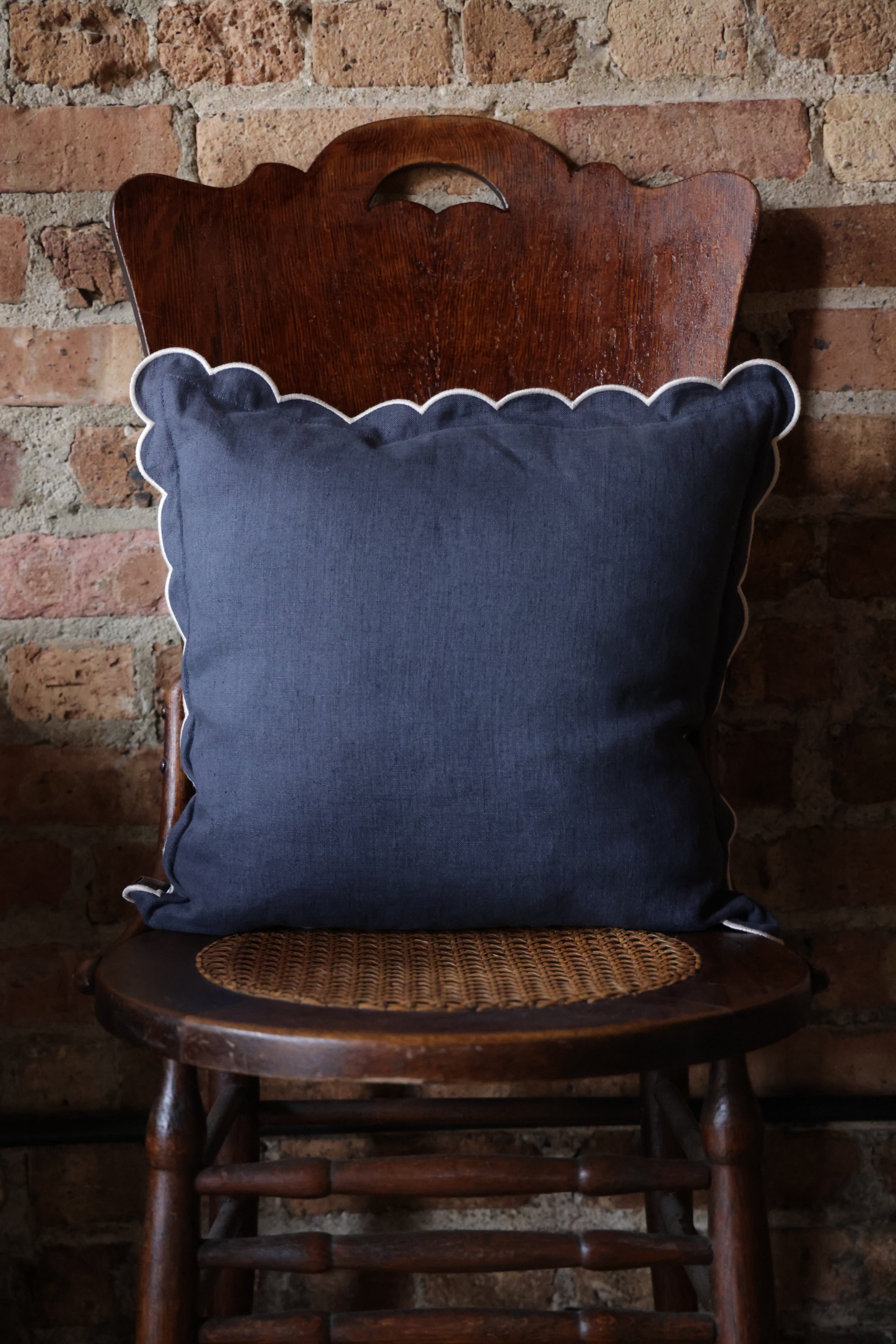 Scalloped Square Pillow- Slate Blue with Ivory Edge