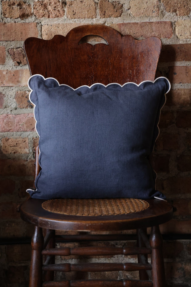 Scalloped Square Pillow- Slate Blue with Ivory Edge
