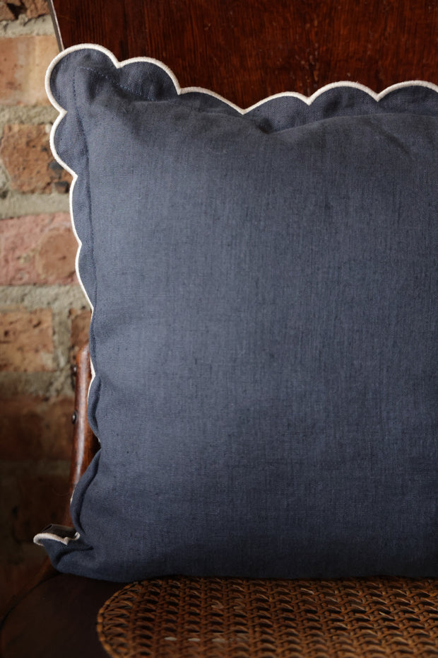 Scalloped Square Pillow- Slate Blue with Ivory Edge