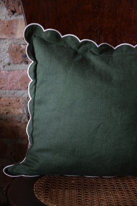 Scalloped  Square Pillow- Green with Ivory Edge