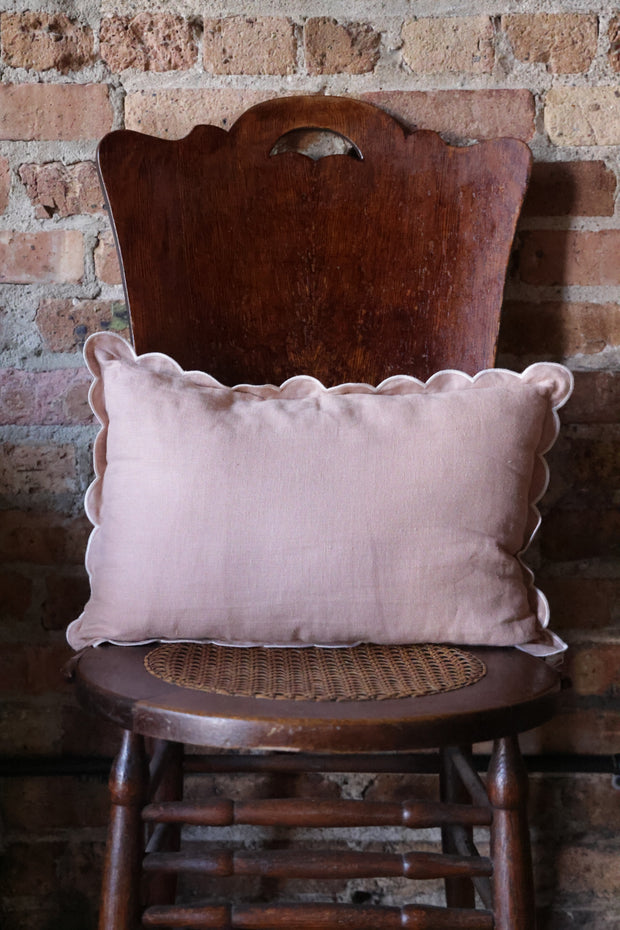 Scalloped Lumbar Pillow-  Powder Pink & White Linen