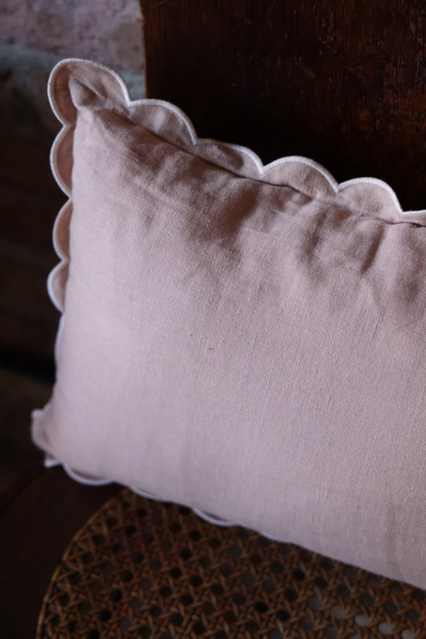 Scalloped Lumbar Pillow-  Powder Pink & White Linen