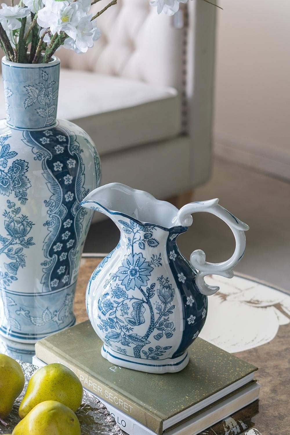 Blue & White Floral Porcelain Pitcher