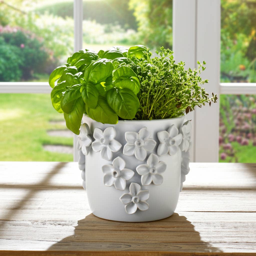 Planter - White Ceramic Raised 3D Floral Applique, 8 in.