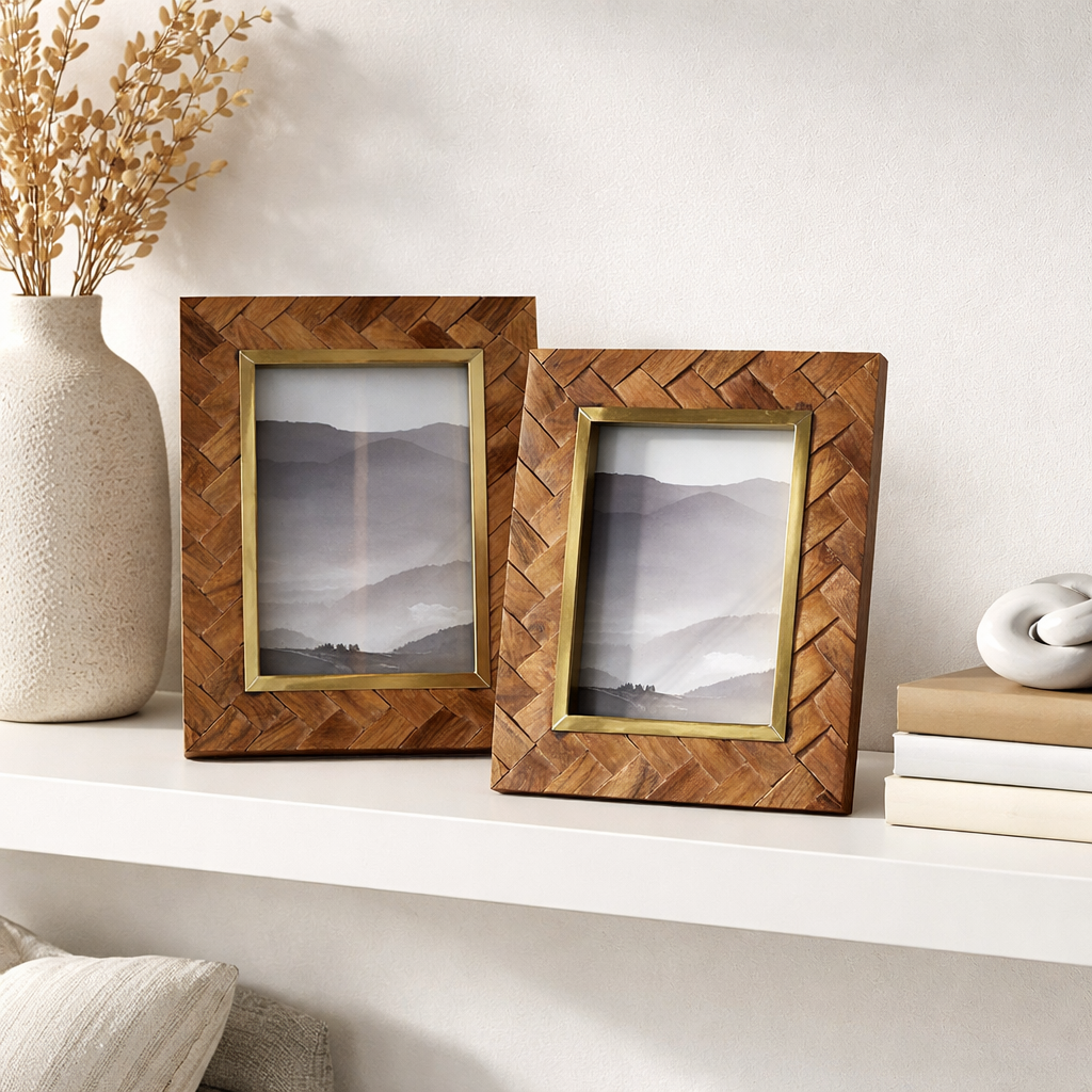 Basu 5x7 Picture Frame - Carved Wood, Brass Inlay