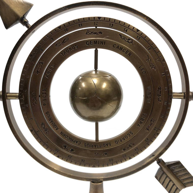 9-1/2" Antiqued Brass Armillary with Wood Base - Antique