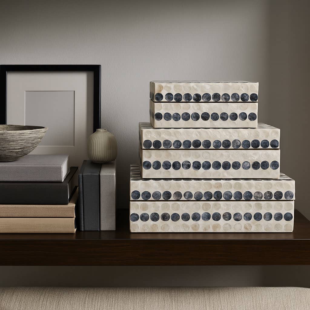 Set of 3 Decorative Boxes – Ivory & Blue Wood Capiz Dots, 8/11/12 in.