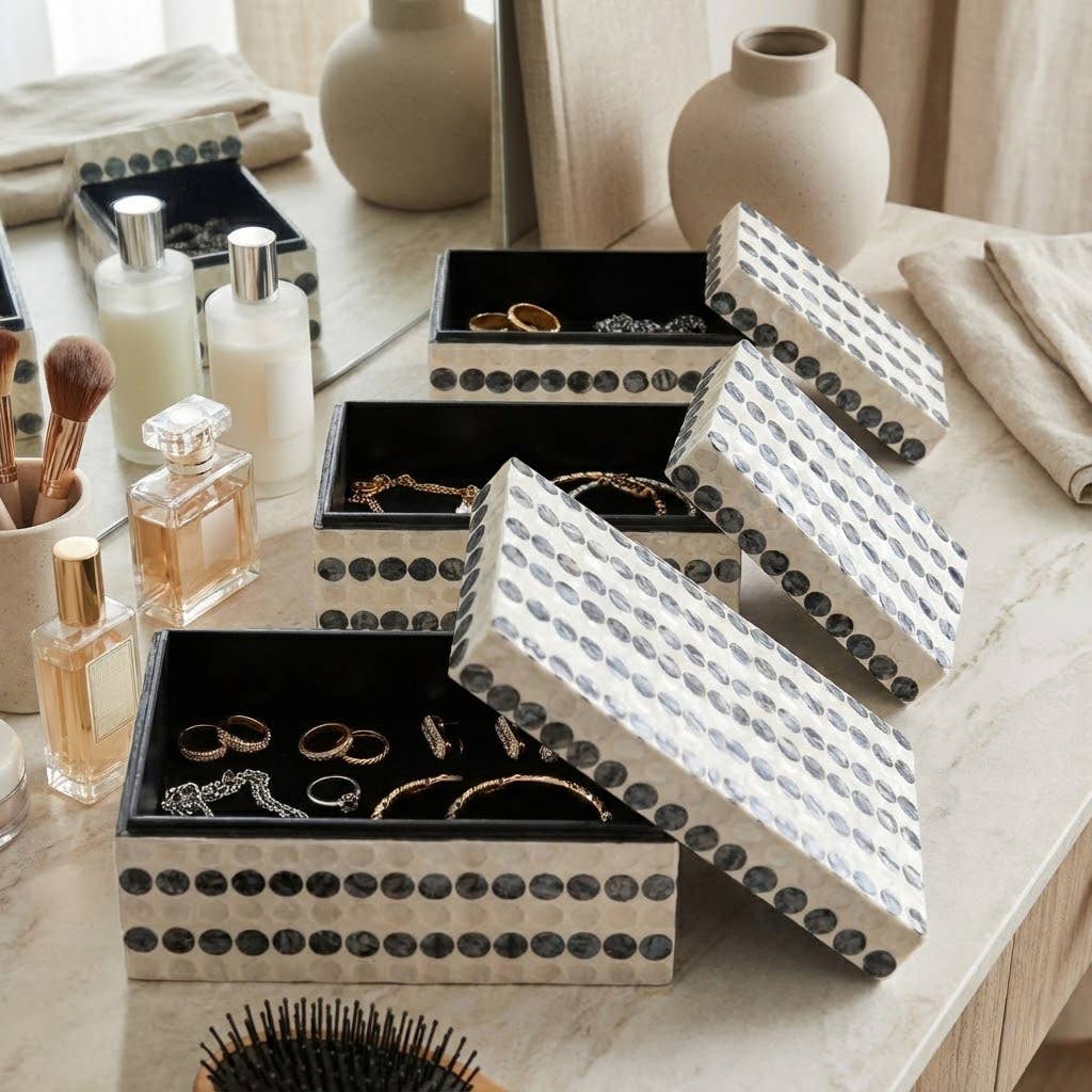 Set of 3 Decorative Boxes – Ivory & Blue Wood Capiz Dots, 8/11/12 in.