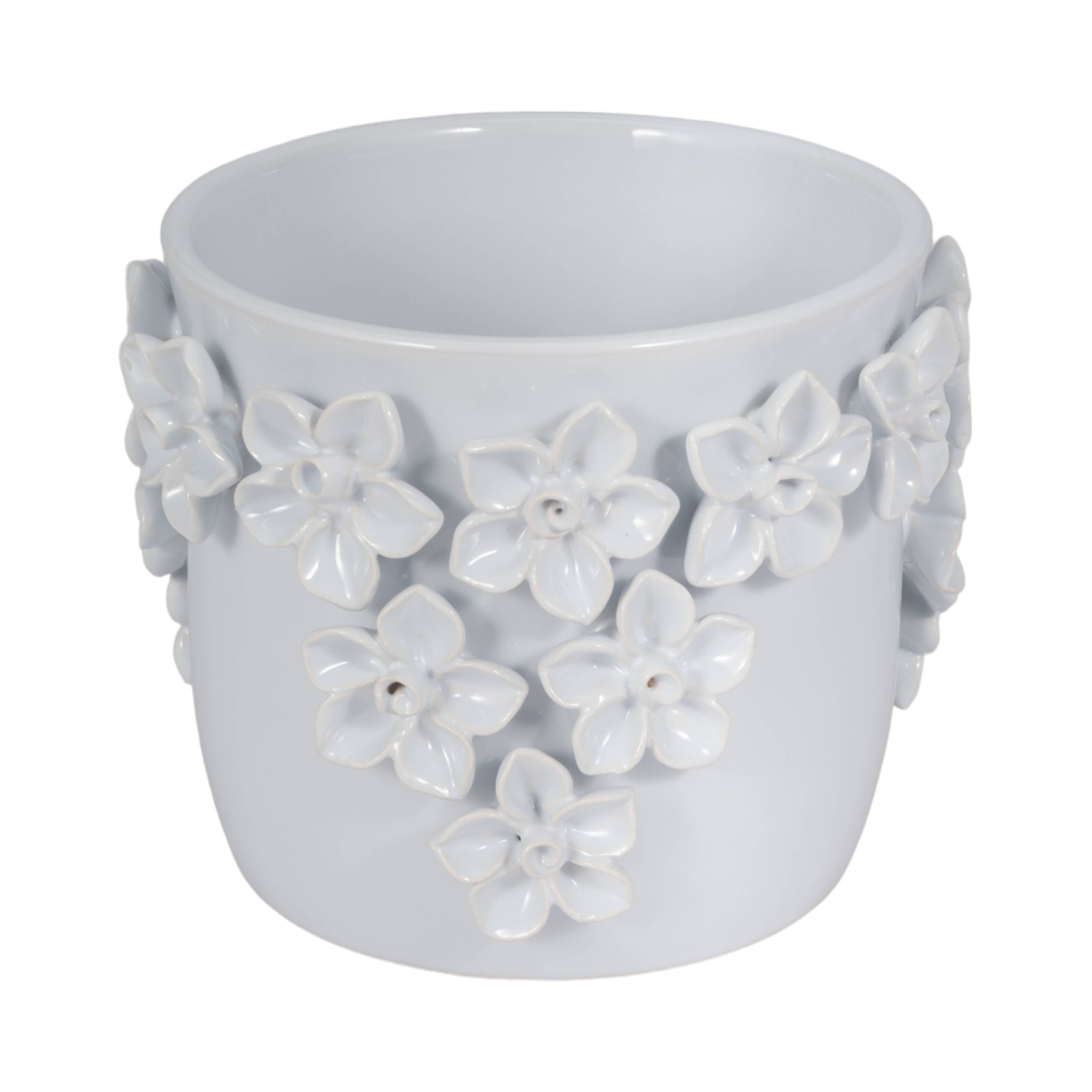 Planter - White Ceramic Raised 3D Floral Applique, 8 in.