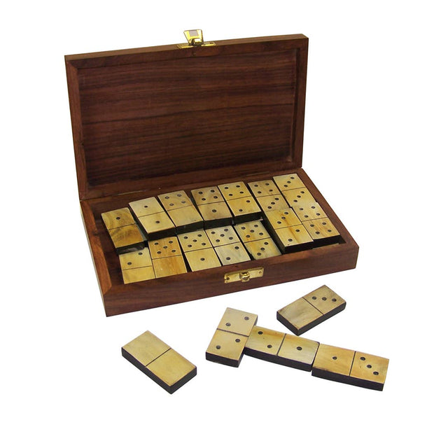 Colonial Ox Horn Domino Set in 8" Wooden Storage Box