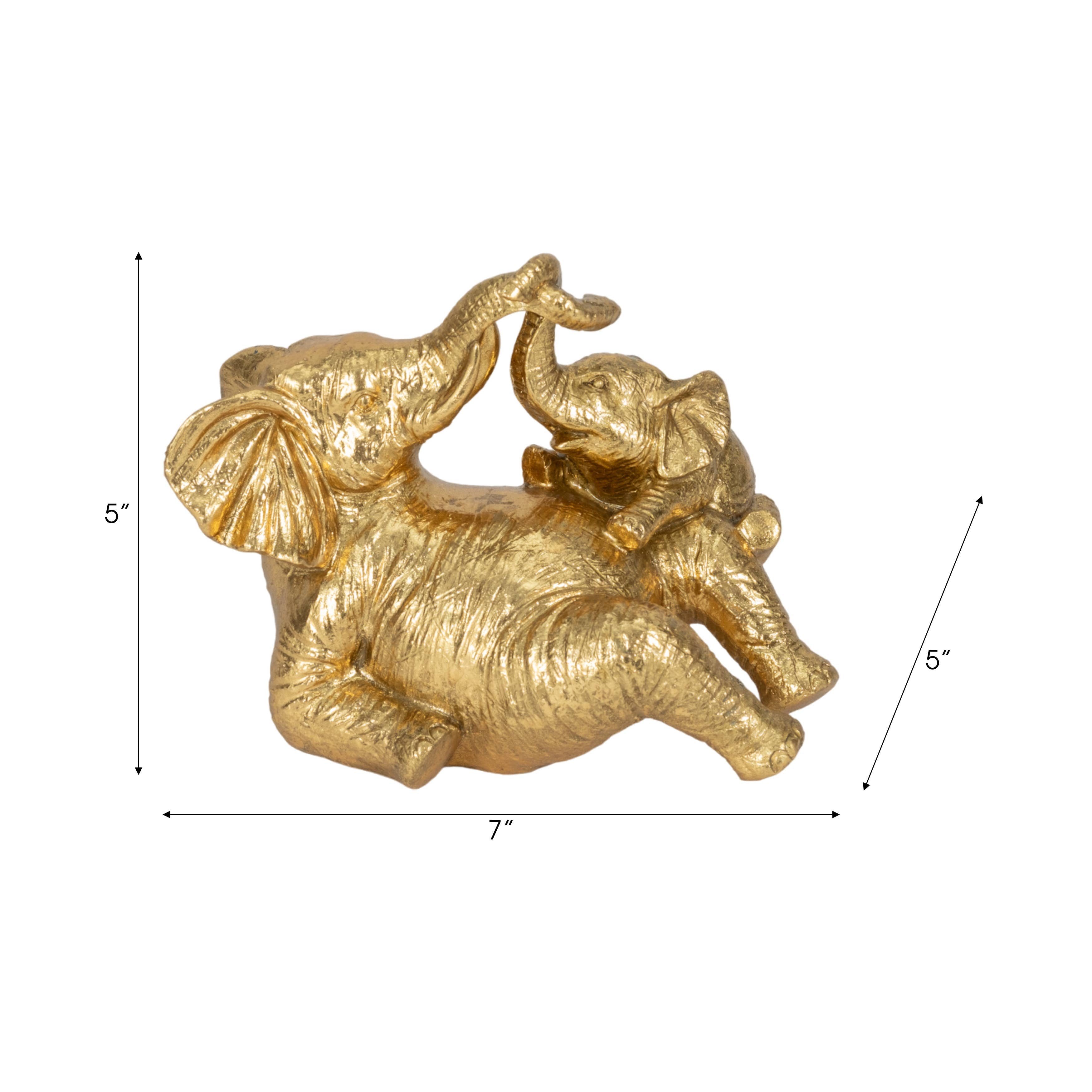 Figurine - Gold Polyresin Playful Elephants, 7 in.