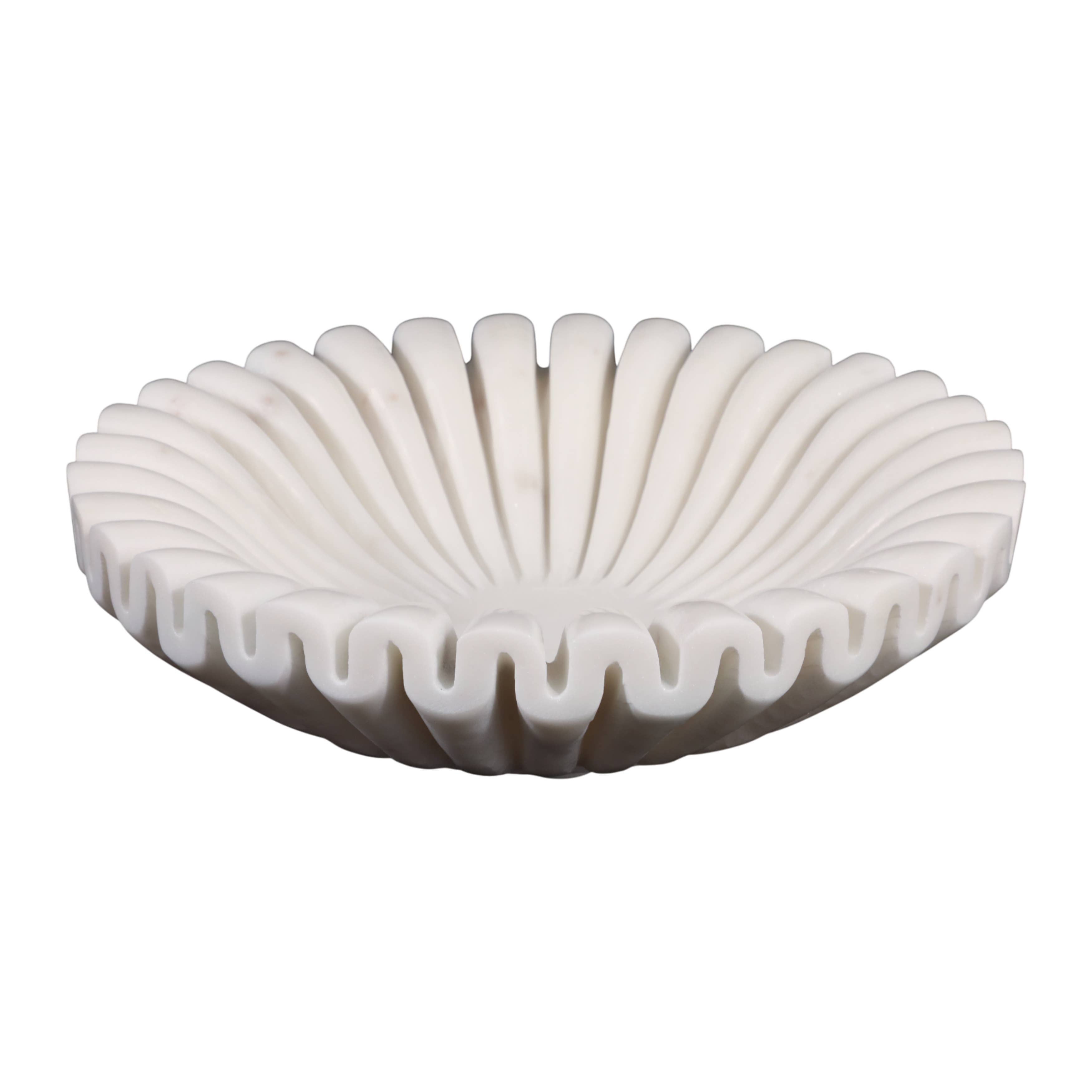 Decorative Bowl - White Marble Pleated Ribbed Design, 12 in.