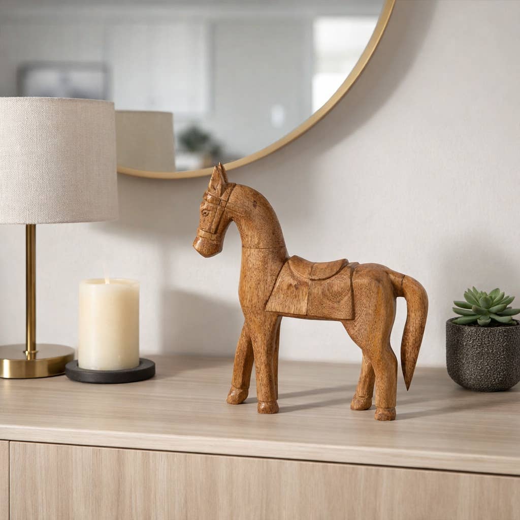 Figurine - Brown Wood Standing Horse with Saddle, 12 in.