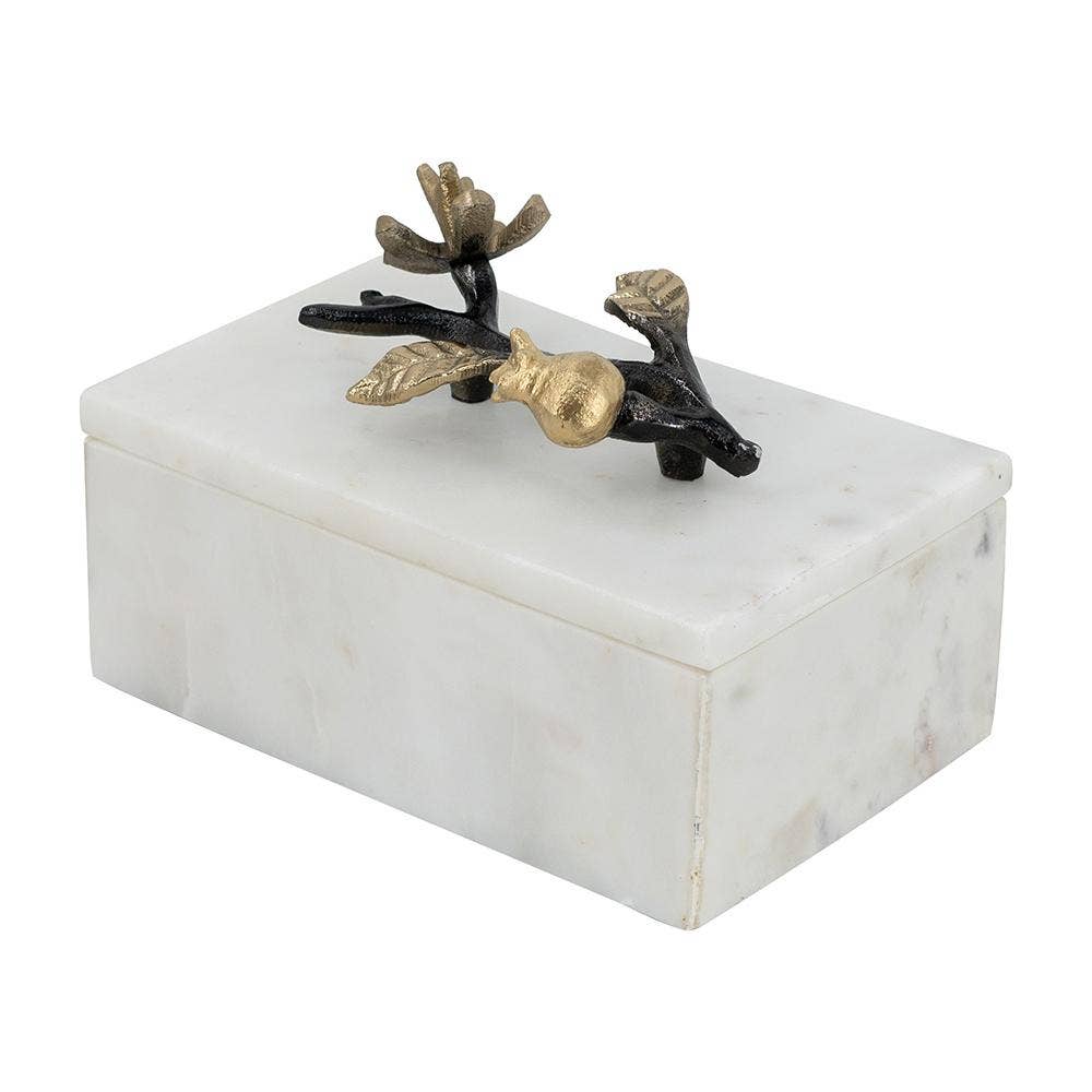 White Marble Storage Box w/ Black and Gold Branch