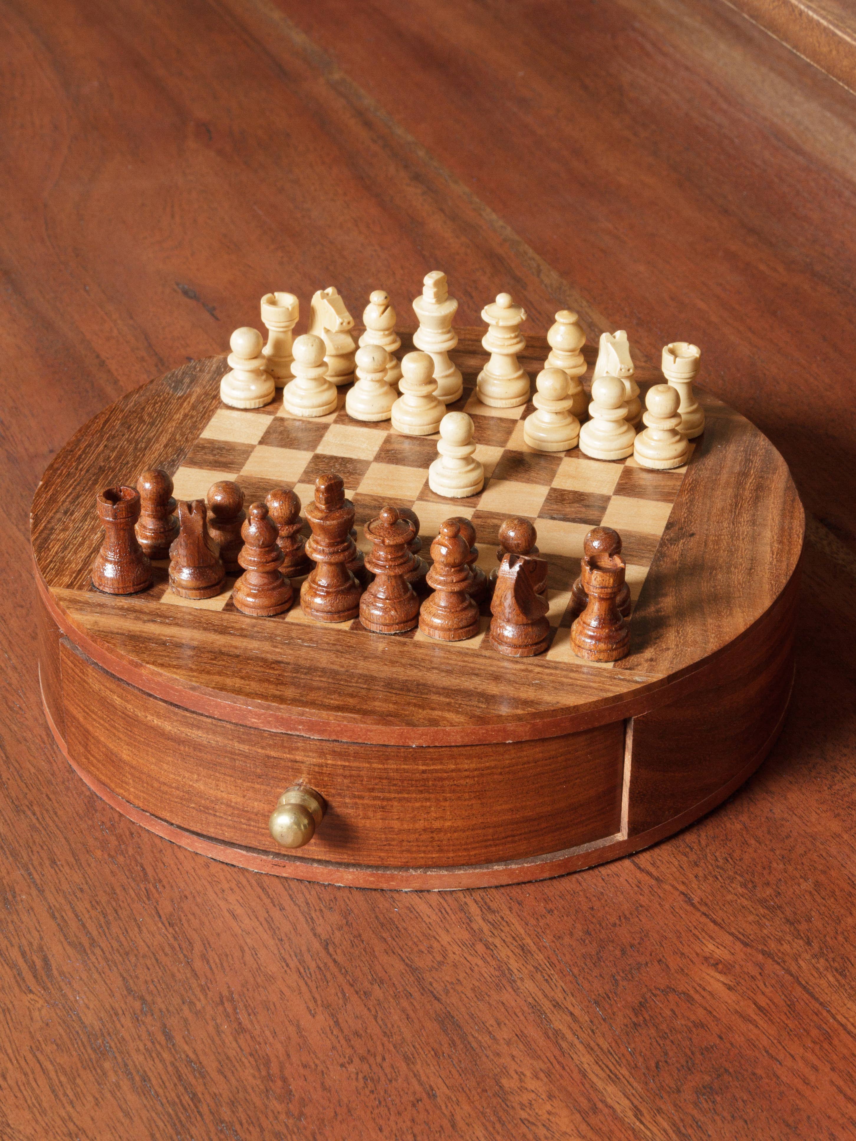Chess Game in Round Wooden Box