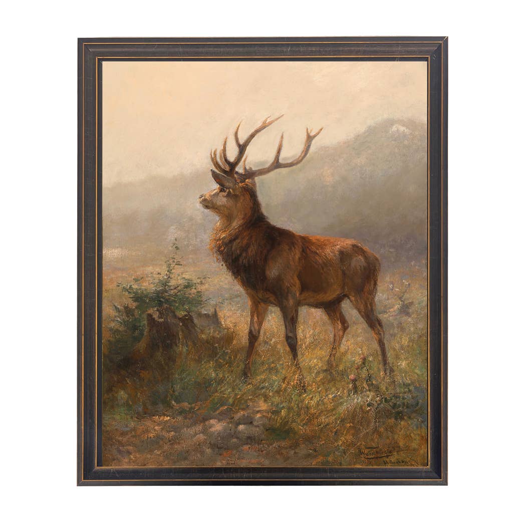 Vintage Oil Painting of Deer on a Hill