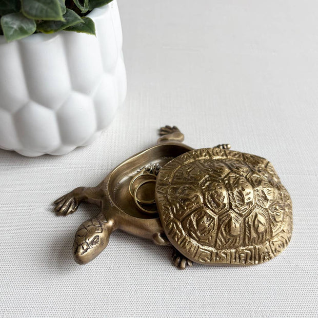 4-1/4" Antiqued Solid Brass Turtle Box Tabletop Desk Decor