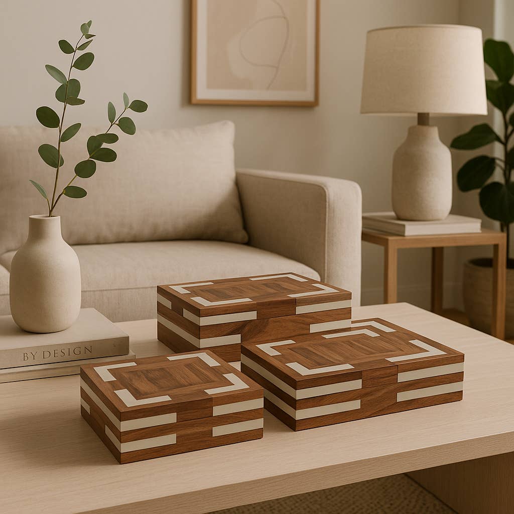 Set of 3 Decorative Boxes – Ivory Wood & Resin Inlay, 10/11/12 in.