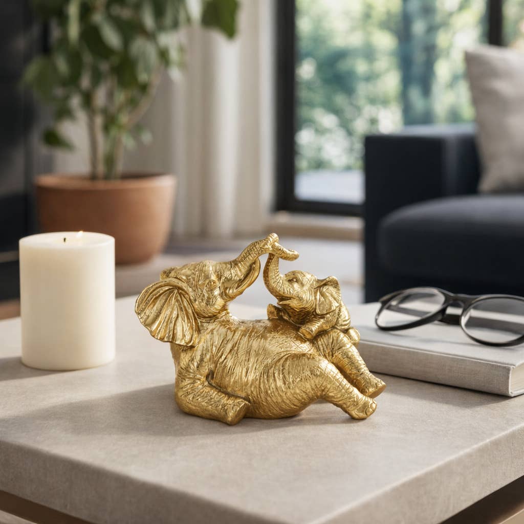 Figurine - Gold Polyresin Playful Elephants, 7 in.