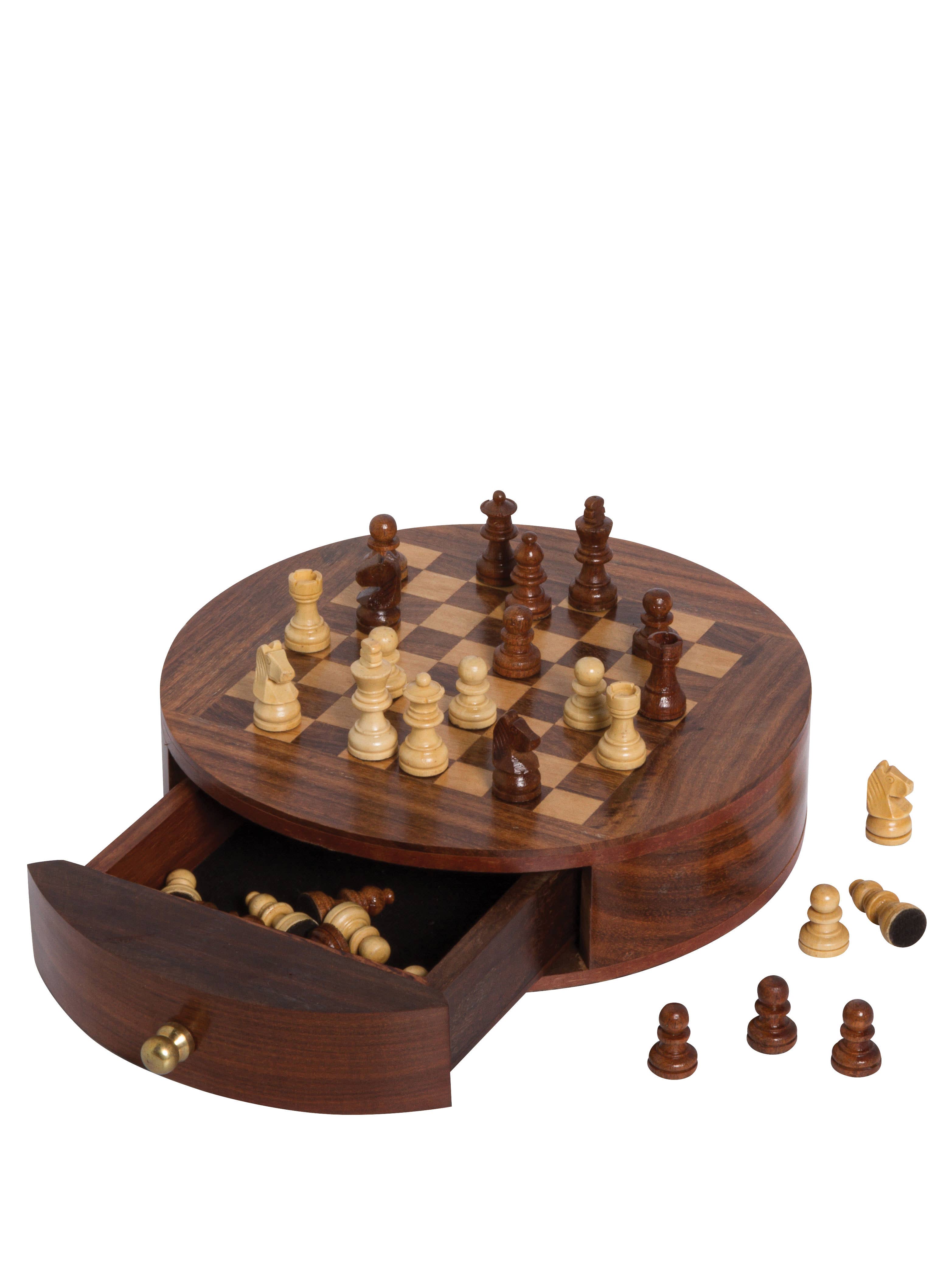 Chess Game in Round Wooden Box