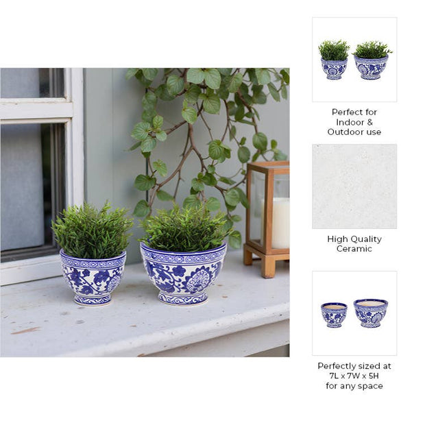 Blue Stoneware Chinoiserie Planter