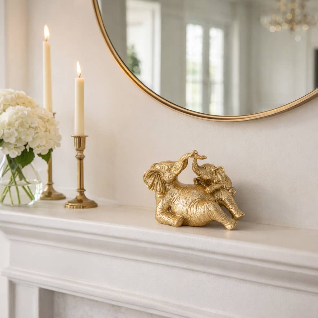 Figurine - Gold Polyresin Playful Elephants, 7 in.