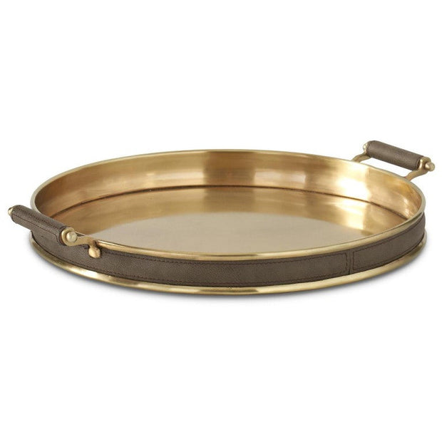 Metal Round Tray W/Brown Leather Stripe