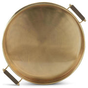 Metal Round Tray W/Brown Leather Stripe