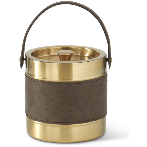 Metal Ice Bucket W/ Brown Leather Stripe