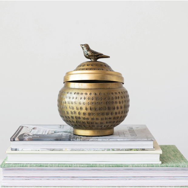 Hammered Metal Container w/ Lid & Bird Finial