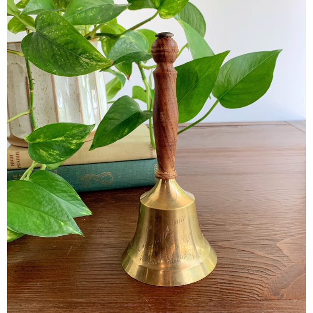 Vintage Etched Brass Bell with Wood Handle