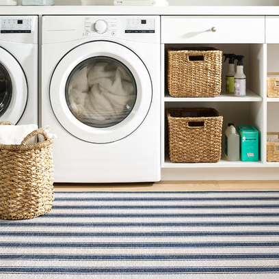 Blue Awning Stripe Machine Washable Rug