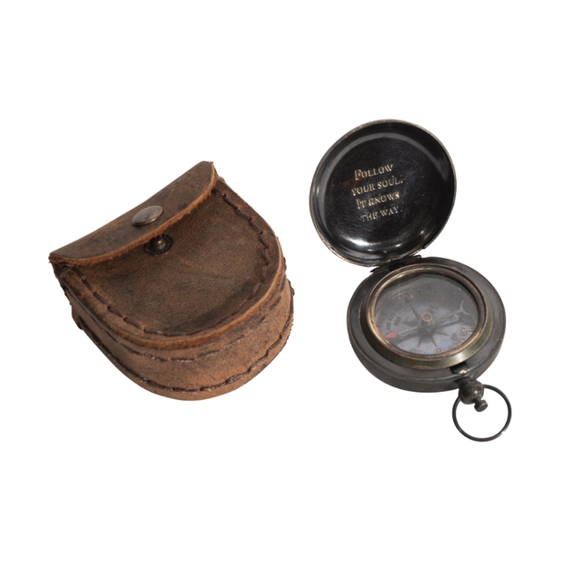 Push Button Compass W/Leather Pouch - "Follow Your Soul"