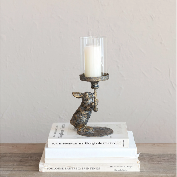 Metal Rabbit Candle Holder w/ Glass Hurricane