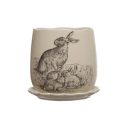 Stoneware Planter w/ Rabbits & Scalloped Saucer