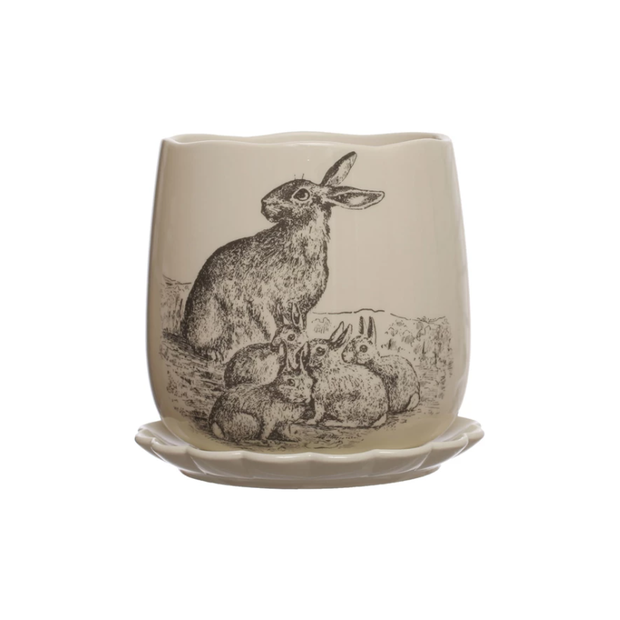 Stoneware Planter w/ Rabbits & Scalloped Saucer