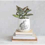 Stoneware Planter w/ Rabbits & Scalloped Saucer