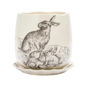 Stoneware Planter w/ Rabbits & Scalloped Saucer
