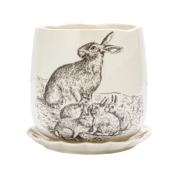 Stoneware Planter w/ Rabbits & Scalloped Saucer